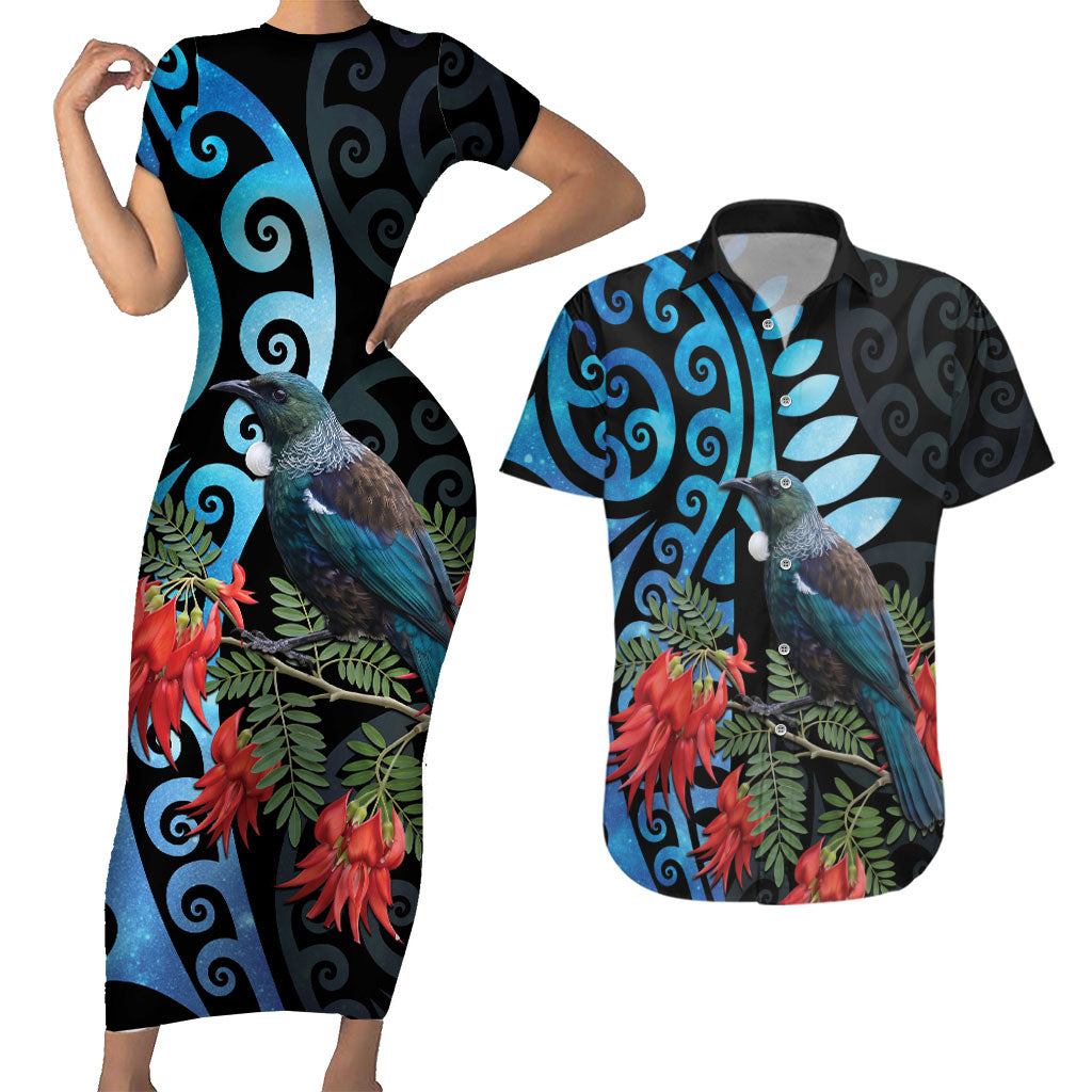 Tui Bird Kakabeak New Zealand Couples Matching Short Sleeve Bodycon Dress and Hawaiian Shirt Clianthus Galaxy Maori Koru Pattern