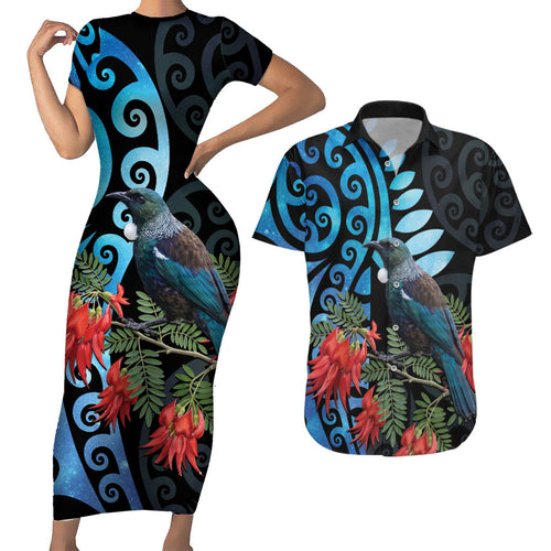 Tui Bird Kakabeak New Zealand Couples Matching Short Sleeve Bodycon Dress and Hawaiian Shirt Clianthus Galaxy Maori Koru Pattern