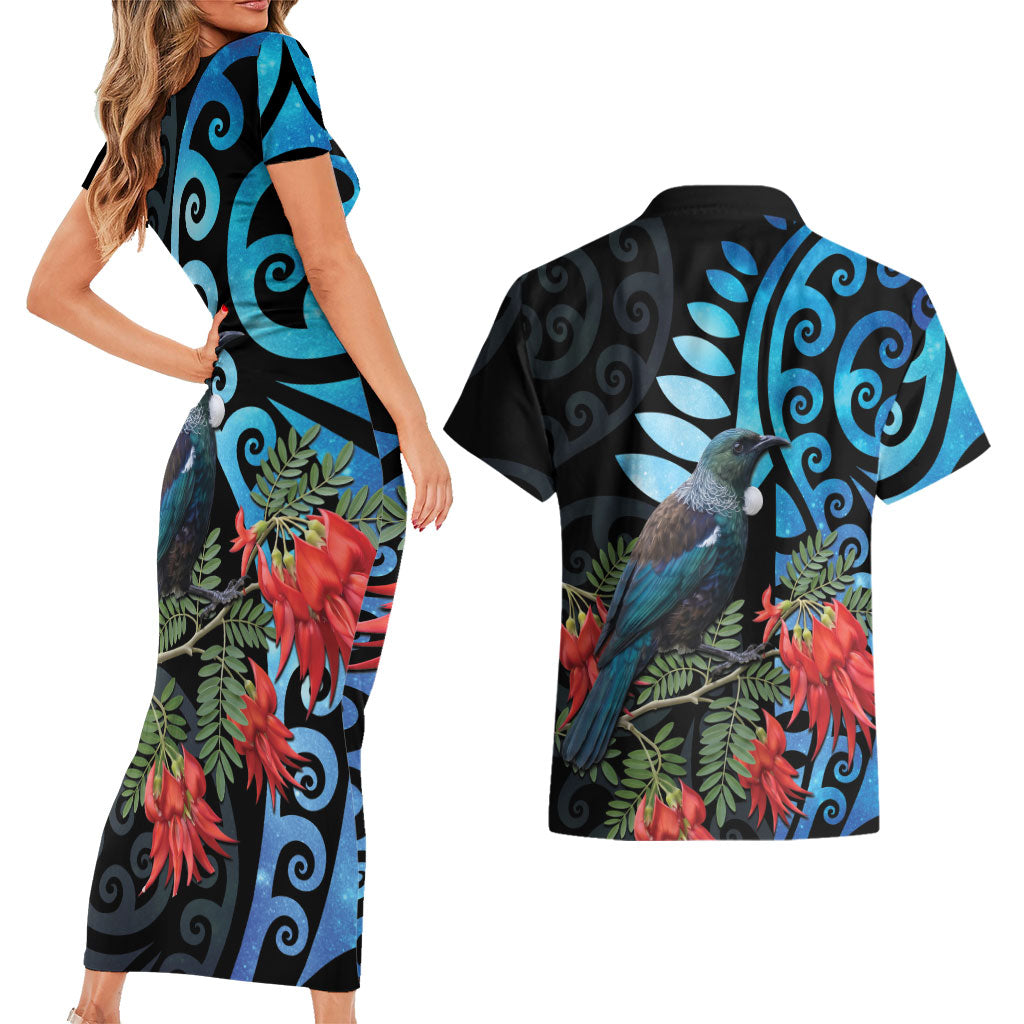 Tui Bird Kakabeak New Zealand Couples Matching Short Sleeve Bodycon Dress and Hawaiian Shirt Clianthus Galaxy Maori Koru Pattern