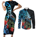 Tui Bird Kakabeak New Zealand Couples Matching Short Sleeve Bodycon Dress and Long Sleeve Button Shirt Clianthus Galaxy Maori Koru Pattern