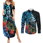 Tui Bird Kakabeak New Zealand Couples Matching Summer Maxi Dress and Long Sleeve Button Shirt Clianthus Galaxy Maori Koru Pattern