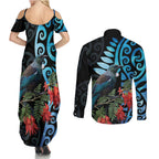 Tui Bird Kakabeak New Zealand Couples Matching Summer Maxi Dress and Long Sleeve Button Shirt Clianthus Galaxy Maori Koru Pattern