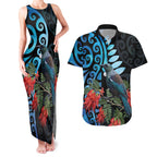 Tui Bird Kakabeak New Zealand Couples Matching Tank Maxi Dress and Hawaiian Shirt Clianthus Galaxy Maori Koru Pattern