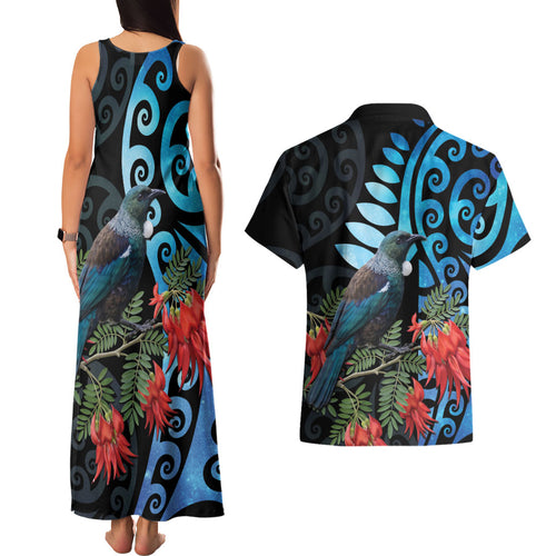 Tui Bird Kakabeak New Zealand Couples Matching Tank Maxi Dress and Hawaiian Shirt Clianthus Galaxy Maori Koru Pattern