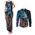 Tui Bird Kakabeak New Zealand Couples Matching Tank Maxi Dress and Long Sleeve Button Shirt Clianthus Galaxy Maori Koru Pattern
