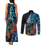 Tui Bird Kakabeak New Zealand Couples Matching Tank Maxi Dress and Long Sleeve Button Shirt Clianthus Galaxy Maori Koru Pattern