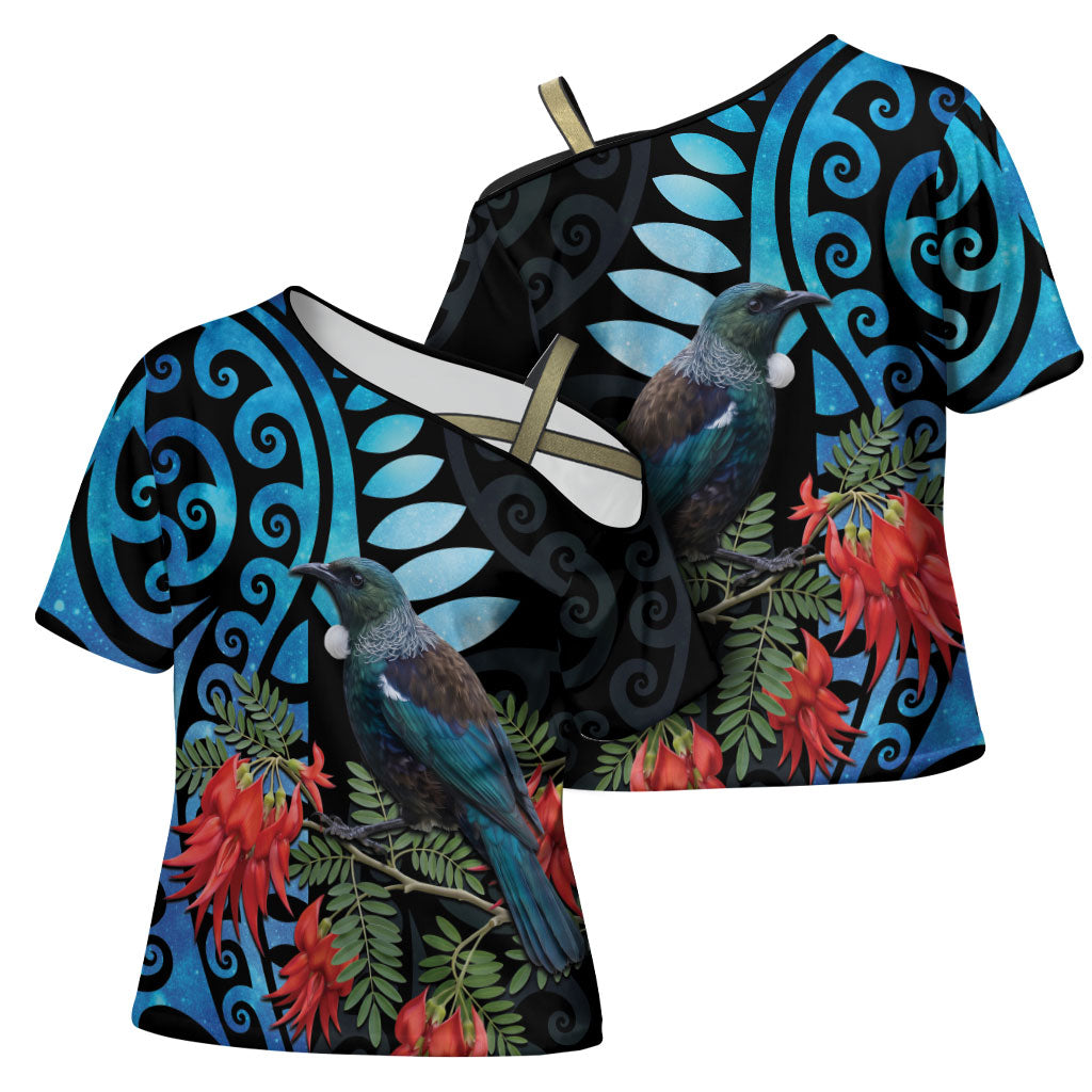 Tui Bird Kakabeak New Zealand Cross Shoulder Shirt Clianthus Galaxy Maori Koru Pattern
