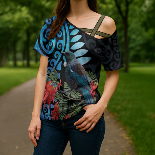 Tui Bird Kakabeak New Zealand Cross Shoulder Shirt Clianthus Galaxy Maori Koru Pattern