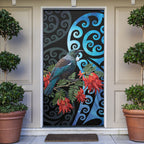 Tui Bird Kakabeak New Zealand Door Cover Clianthus Galaxy Maori Koru Pattern
