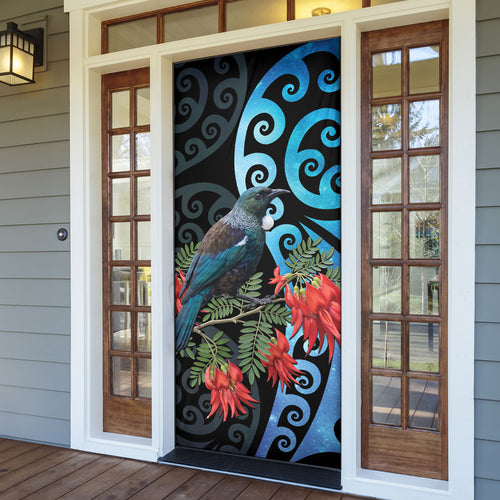 Tui Bird Kakabeak New Zealand Door Cover Clianthus Galaxy Maori Koru Pattern