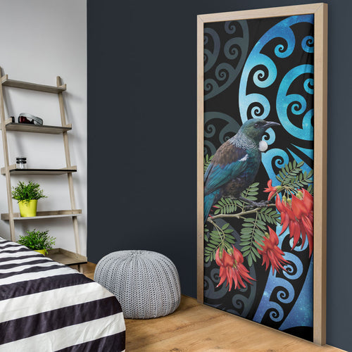 Tui Bird Kakabeak New Zealand Door Cover Clianthus Galaxy Maori Koru Pattern