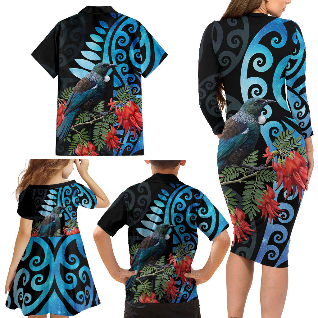 Tui Bird Kakabeak New Zealand Family Matching Long Sleeve Bodycon Dress and Hawaiian Shirt Clianthus Galaxy Maori Koru Pattern