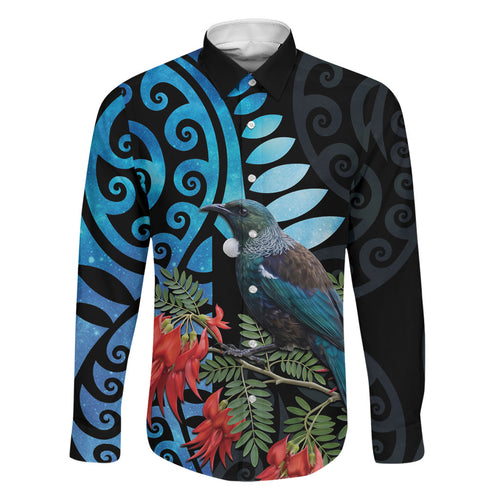 Tui Bird Kakabeak New Zealand Family Matching Long Sleeve Bodycon Dress and Hawaiian Shirt Clianthus Galaxy Maori Koru Pattern