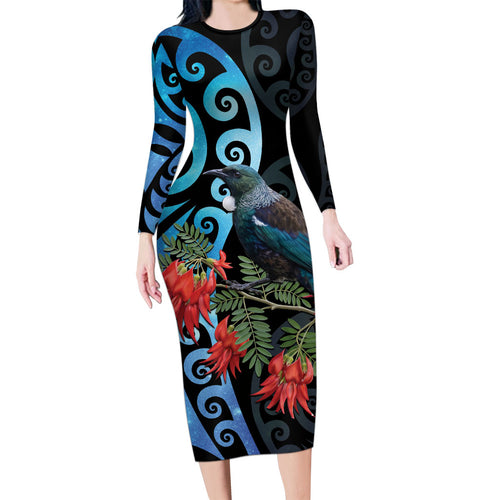 Tui Bird Kakabeak New Zealand Family Matching Long Sleeve Bodycon Dress and Hawaiian Shirt Clianthus Galaxy Maori Koru Pattern