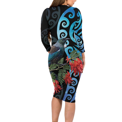 Tui Bird Kakabeak New Zealand Family Matching Long Sleeve Bodycon Dress and Hawaiian Shirt Clianthus Galaxy Maori Koru Pattern