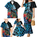 Tui Bird Kakabeak New Zealand Family Matching Mermaid Dress and Hawaiian Shirt Clianthus Galaxy Maori Koru Pattern