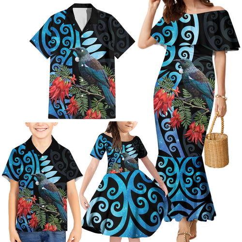 Tui Bird Kakabeak New Zealand Family Matching Mermaid Dress and Hawaiian Shirt Clianthus Galaxy Maori Koru Pattern