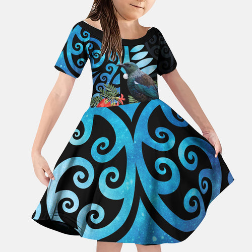 Tui Bird Kakabeak New Zealand Family Matching Mermaid Dress and Hawaiian Shirt Clianthus Galaxy Maori Koru Pattern