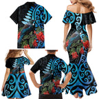 Tui Bird Kakabeak New Zealand Family Matching Mermaid Dress and Hawaiian Shirt Clianthus Galaxy Maori Koru Pattern