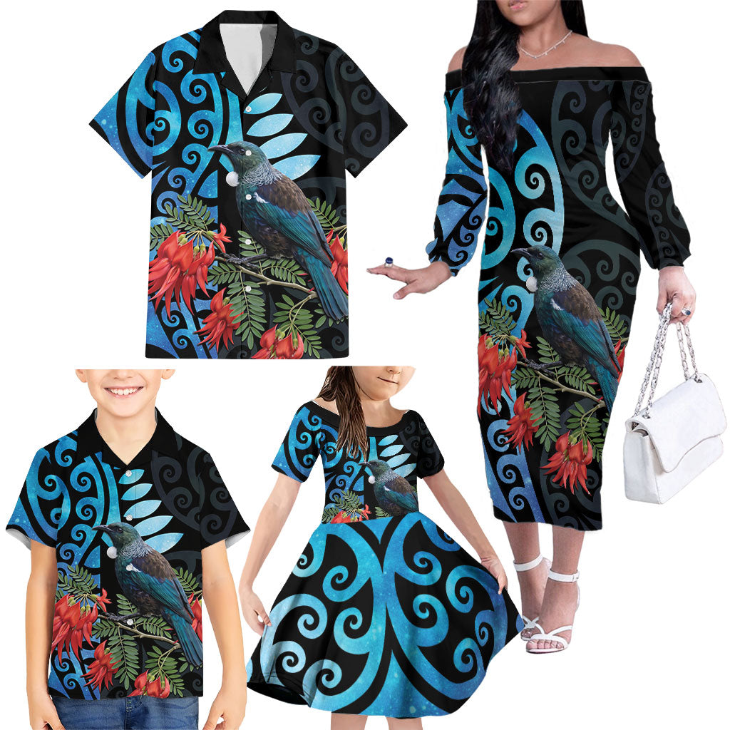 Tui Bird Kakabeak New Zealand Family Matching Off The Shoulder Long Sleeve Dress and Hawaiian Shirt Clianthus Galaxy Maori Koru Pattern