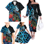 Tui Bird Kakabeak New Zealand Family Matching Off The Shoulder Long Sleeve Dress and Hawaiian Shirt Clianthus Galaxy Maori Koru Pattern