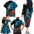 Tui Bird Kakabeak New Zealand Family Matching Off The Shoulder Long Sleeve Dress and Hawaiian Shirt Clianthus Galaxy Maori Koru Pattern