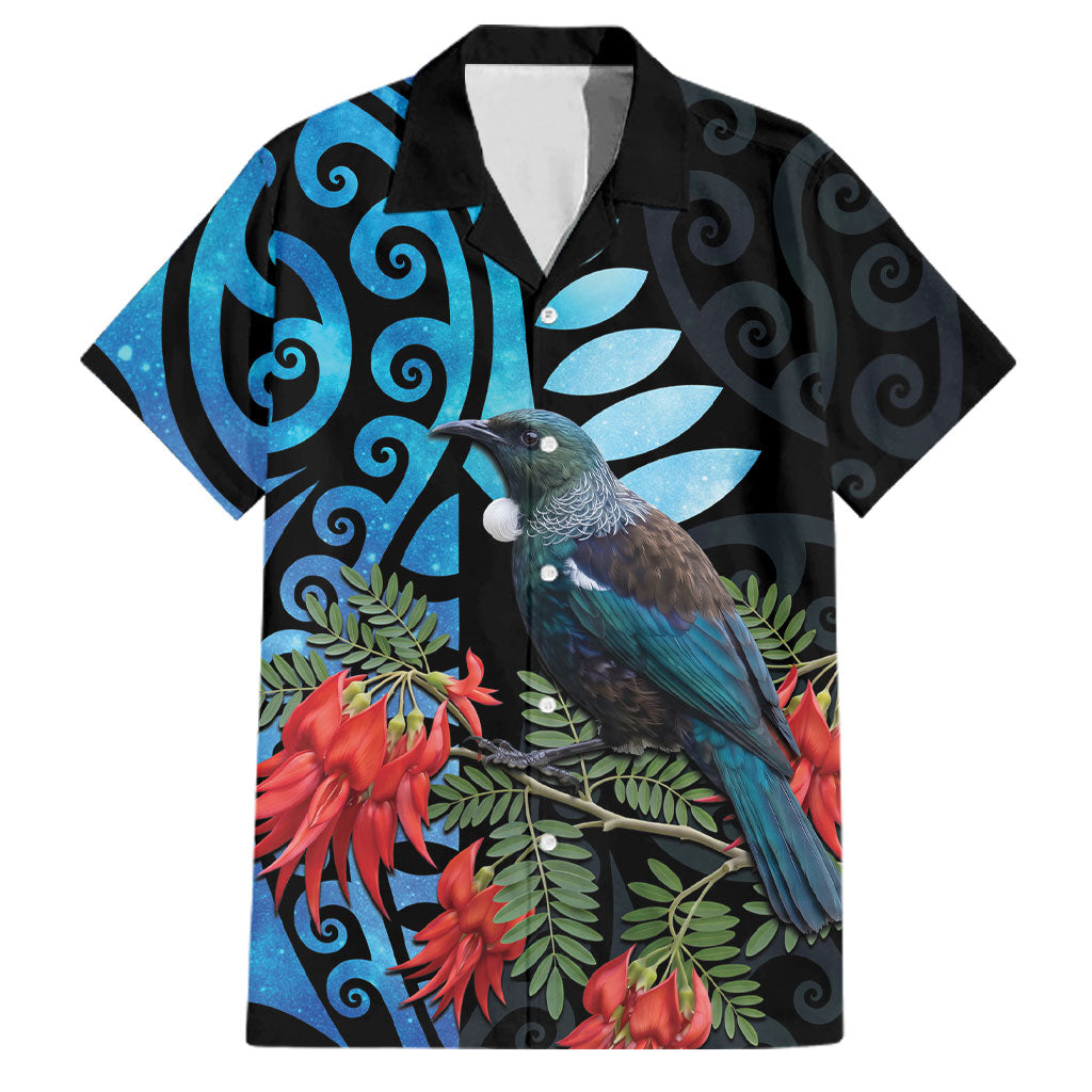 Tui Bird Kakabeak New Zealand Family Matching Off The Shoulder Long Sleeve Dress and Hawaiian Shirt Clianthus Galaxy Maori Koru Pattern