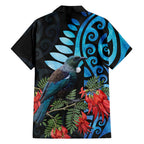 Tui Bird Kakabeak New Zealand Family Matching Off The Shoulder Long Sleeve Dress and Hawaiian Shirt Clianthus Galaxy Maori Koru Pattern
