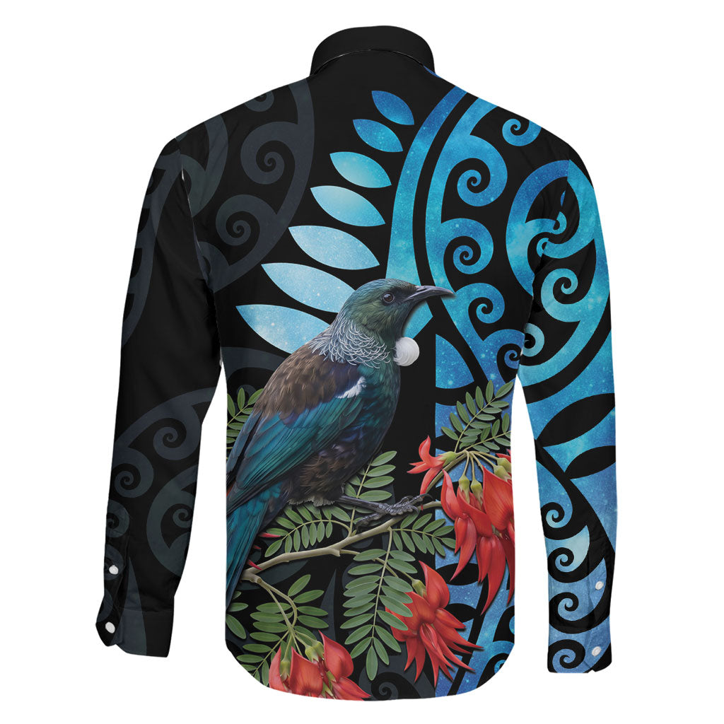 Tui Bird Kakabeak New Zealand Family Matching Off The Shoulder Long Sleeve Dress and Hawaiian Shirt Clianthus Galaxy Maori Koru Pattern