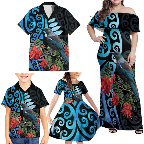Tui Bird Kakabeak New Zealand Family Matching Off Shoulder Maxi Dress and Hawaiian Shirt Clianthus Galaxy Maori Koru Pattern