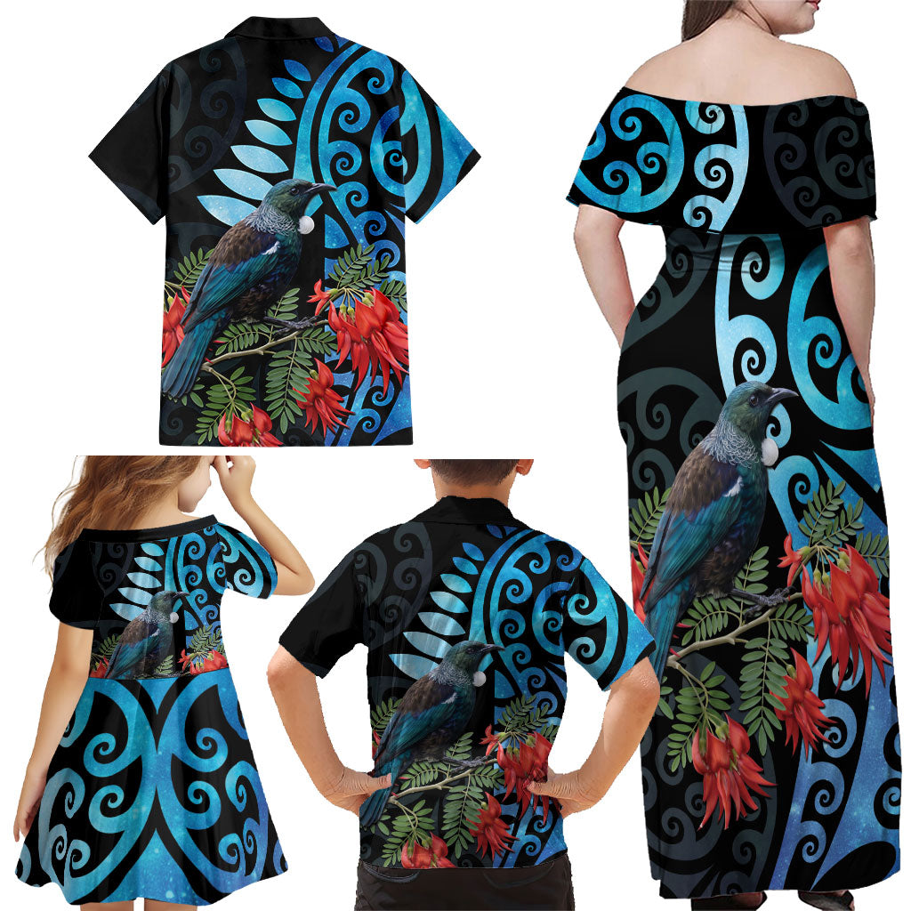 Tui Bird Kakabeak New Zealand Family Matching Off Shoulder Maxi Dress and Hawaiian Shirt Clianthus Galaxy Maori Koru Pattern