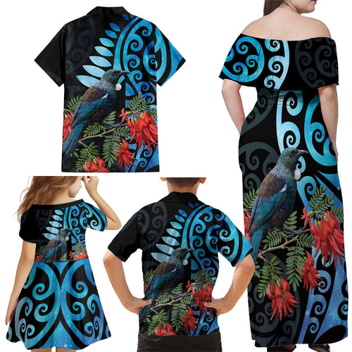 Tui Bird Kakabeak New Zealand Family Matching Off Shoulder Maxi Dress and Hawaiian Shirt Clianthus Galaxy Maori Koru Pattern
