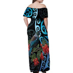 Tui Bird Kakabeak New Zealand Family Matching Off Shoulder Maxi Dress and Hawaiian Shirt Clianthus Galaxy Maori Koru Pattern