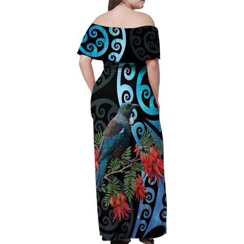 Tui Bird Kakabeak New Zealand Family Matching Off Shoulder Maxi Dress and Hawaiian Shirt Clianthus Galaxy Maori Koru Pattern