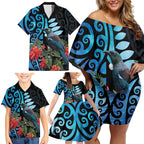 Tui Bird Kakabeak New Zealand Family Matching Off Shoulder Short Dress and Hawaiian Shirt Clianthus Galaxy Maori Koru Pattern
