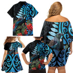 Tui Bird Kakabeak New Zealand Family Matching Off Shoulder Short Dress and Hawaiian Shirt Clianthus Galaxy Maori Koru Pattern