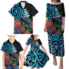 Tui Bird Kakabeak New Zealand Family Matching Puletasi and Hawaiian Shirt Clianthus Galaxy Maori Koru Pattern