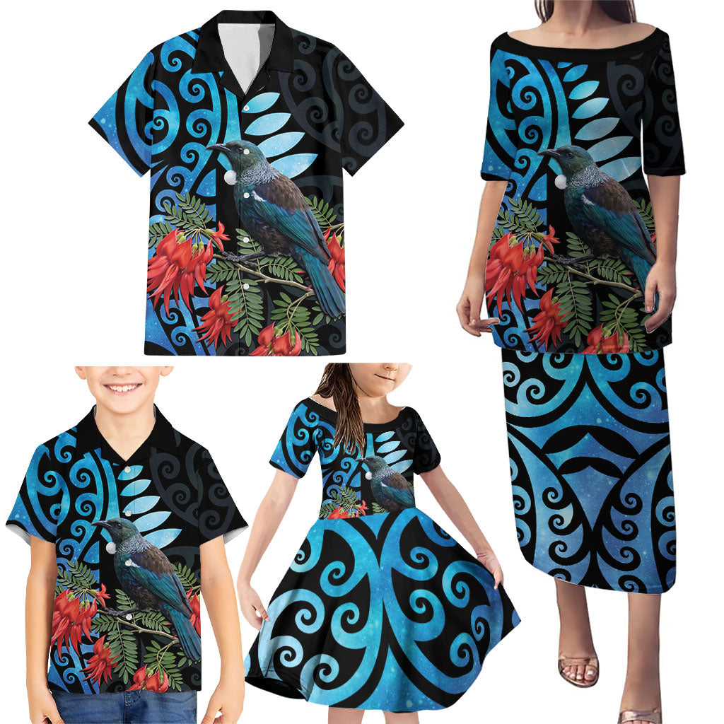Tui Bird Kakabeak New Zealand Family Matching Puletasi and Hawaiian Shirt Clianthus Galaxy Maori Koru Pattern