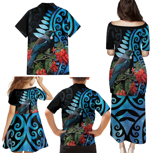 Tui Bird Kakabeak New Zealand Family Matching Puletasi and Hawaiian Shirt Clianthus Galaxy Maori Koru Pattern