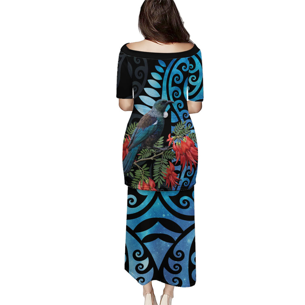 Tui Bird Kakabeak New Zealand Family Matching Puletasi and Hawaiian Shirt Clianthus Galaxy Maori Koru Pattern