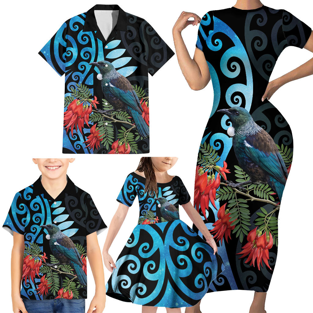 Tui Bird Kakabeak New Zealand Family Matching Short Sleeve Bodycon Dress and Hawaiian Shirt Clianthus Galaxy Maori Koru Pattern