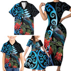 Tui Bird Kakabeak New Zealand Family Matching Short Sleeve Bodycon Dress and Hawaiian Shirt Clianthus Galaxy Maori Koru Pattern