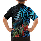 Tui Bird Kakabeak New Zealand Family Matching Short Sleeve Bodycon Dress and Hawaiian Shirt Clianthus Galaxy Maori Koru Pattern