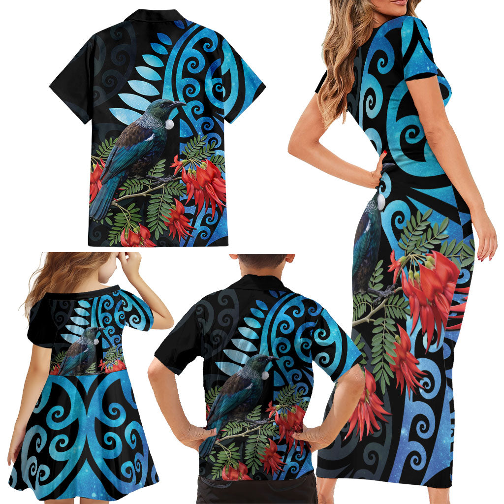 Tui Bird Kakabeak New Zealand Family Matching Short Sleeve Bodycon Dress and Hawaiian Shirt Clianthus Galaxy Maori Koru Pattern