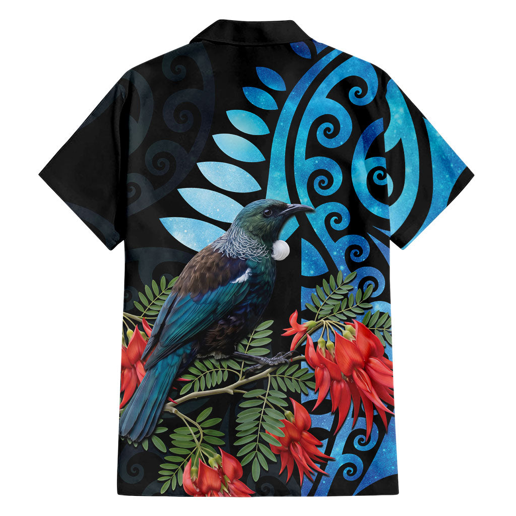 Tui Bird Kakabeak New Zealand Family Matching Short Sleeve Bodycon Dress and Hawaiian Shirt Clianthus Galaxy Maori Koru Pattern
