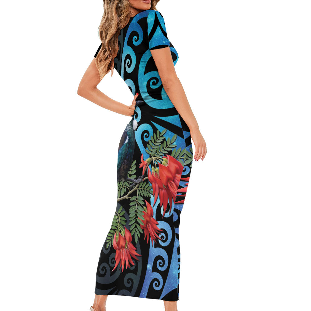 Tui Bird Kakabeak New Zealand Family Matching Short Sleeve Bodycon Dress and Hawaiian Shirt Clianthus Galaxy Maori Koru Pattern