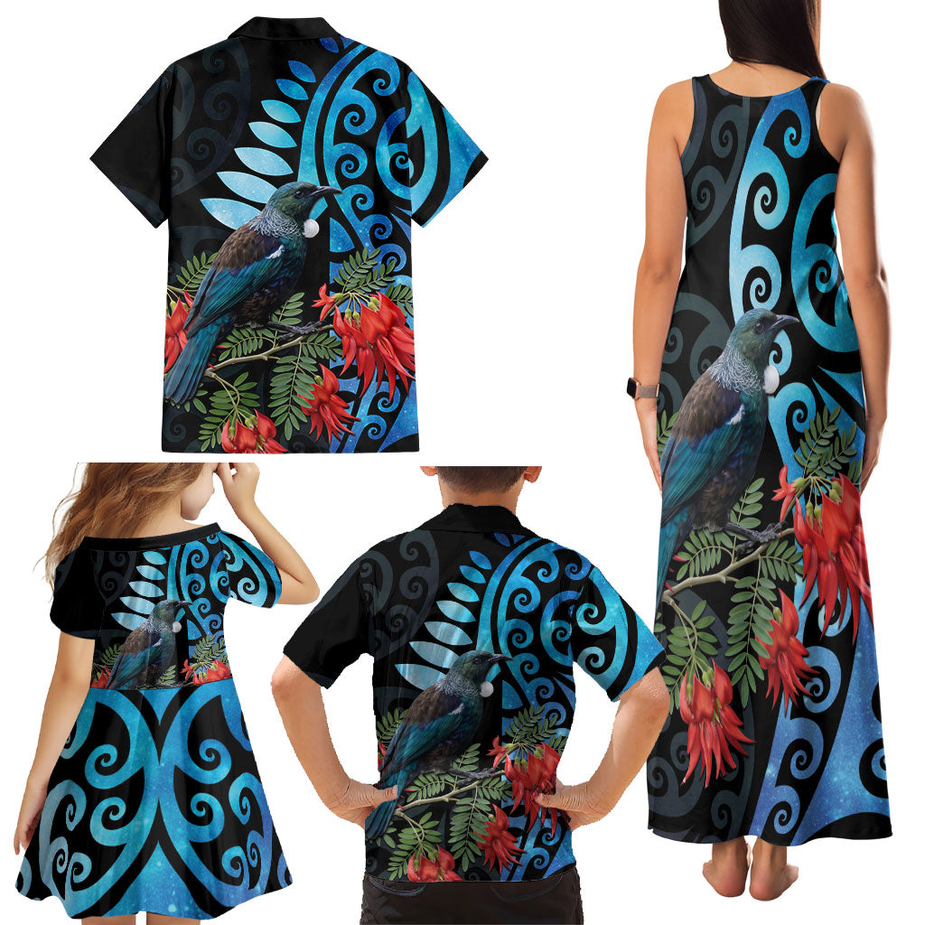 Tui Bird Kakabeak New Zealand Family Matching Tank Maxi Dress and Hawaiian Shirt Clianthus Galaxy Maori Koru Pattern