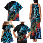 Tui Bird Kakabeak New Zealand Family Matching Tank Maxi Dress and Hawaiian Shirt Clianthus Galaxy Maori Koru Pattern