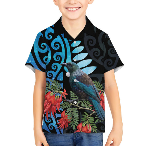 Tui Bird Kakabeak New Zealand Family Matching Tank Maxi Dress and Hawaiian Shirt Clianthus Galaxy Maori Koru Pattern