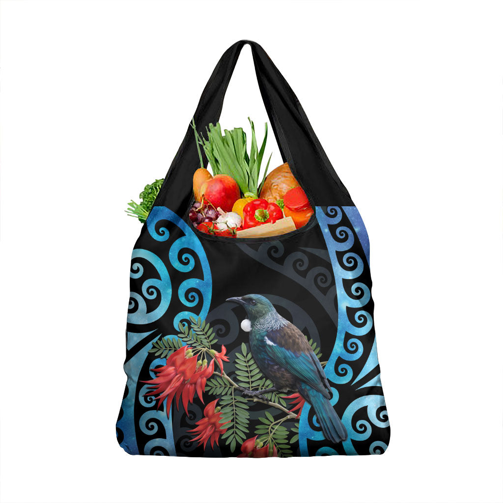 Tui Bird Kakabeak New Zealand Grocery Bag Clianthus Galaxy Maori Koru Pattern